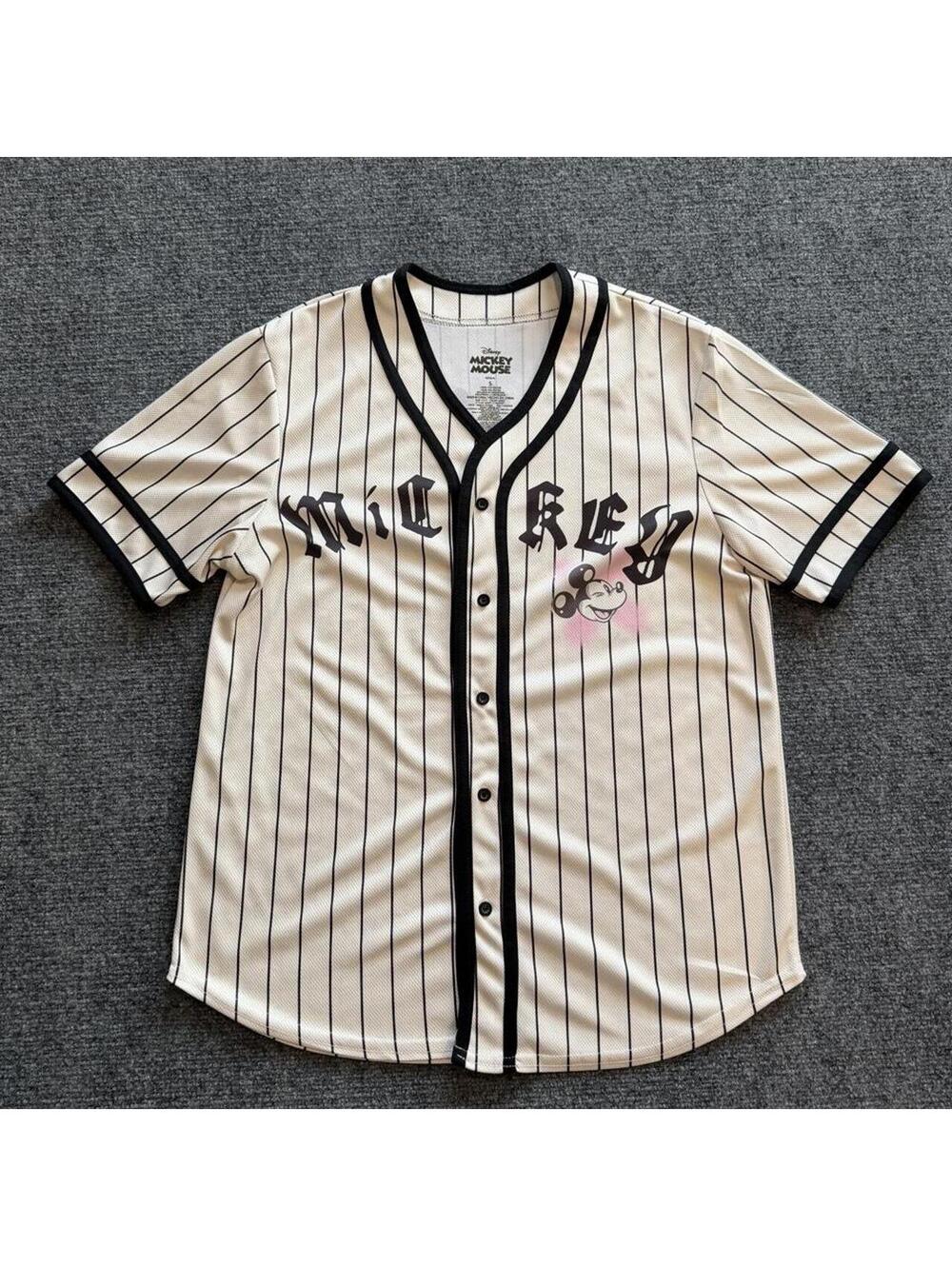 Disney Mickey Mouse Baseball Jersey with black vertical stripes vintage Y2K